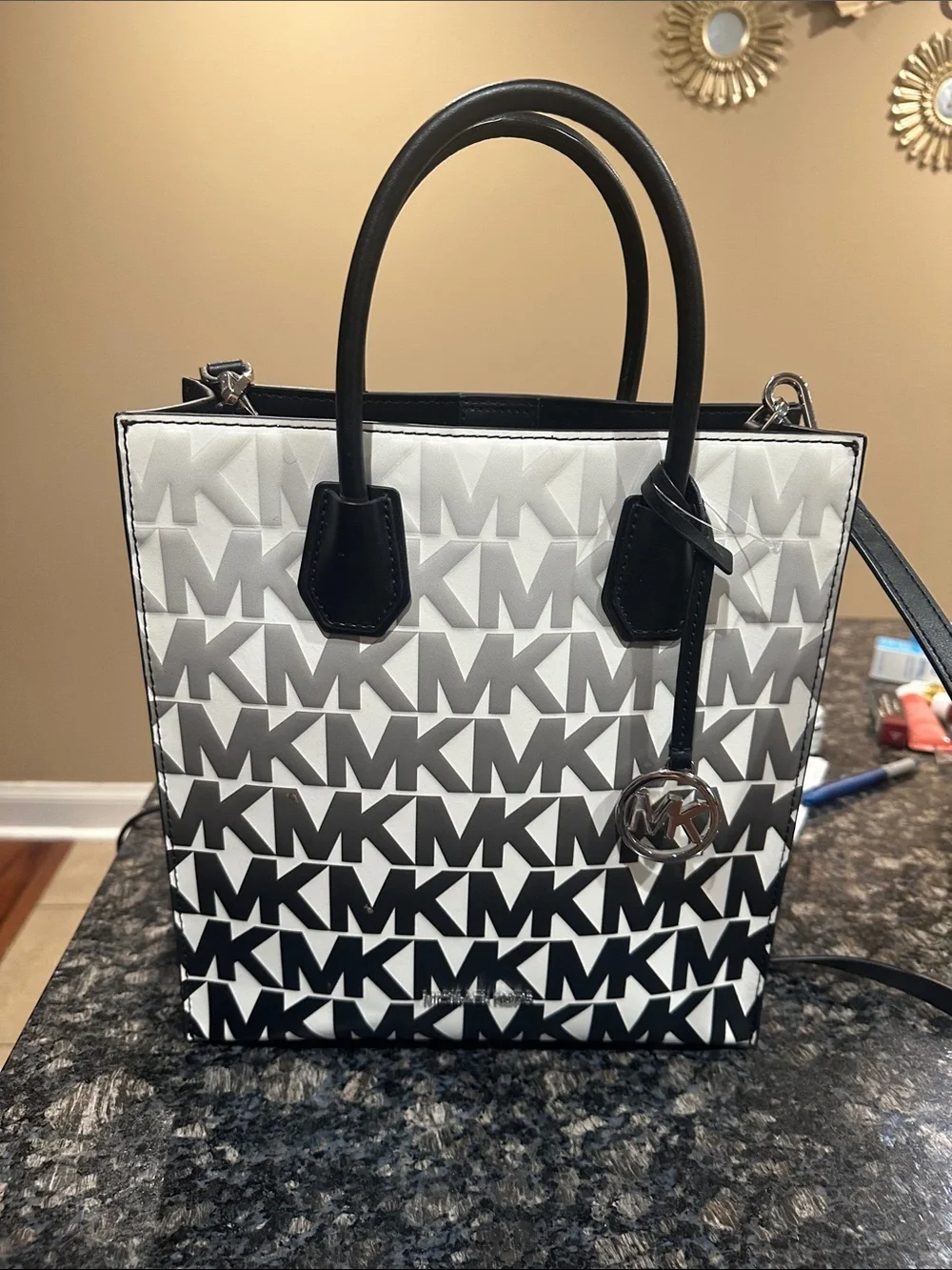 Michael Kors Black & White MK Logo Tote with Charm